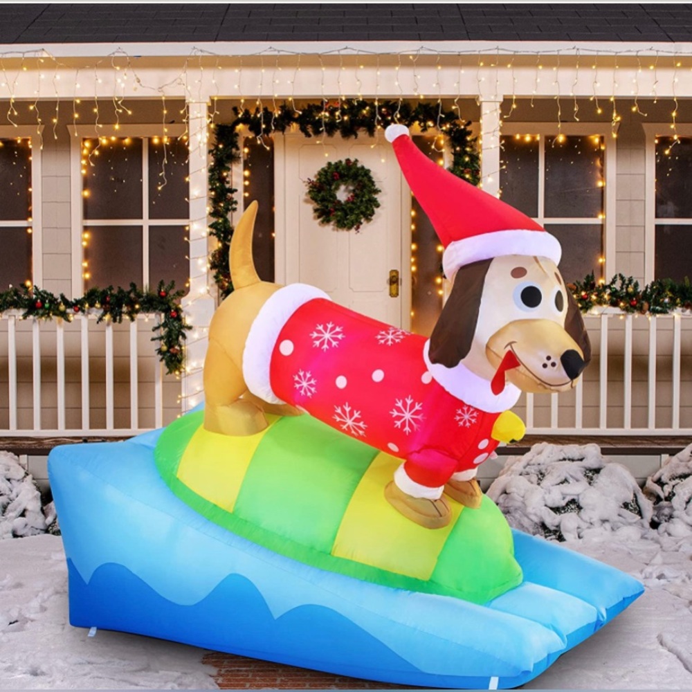 6 FT Long Christmas Inflatable Snowboarding Weiner Dog with LEDs Lawn BlowUp NEW